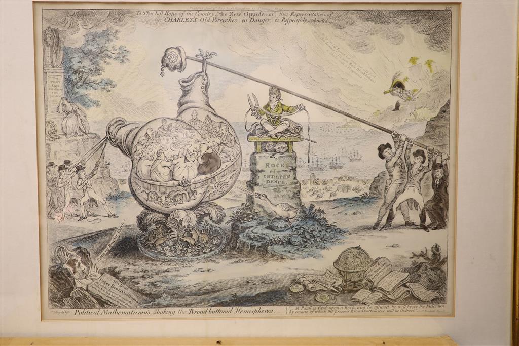 Boehm after Gillray, seven engravings, Caricatures including Political Dreamings, Political Mathematicians and Exhibition of a Dem